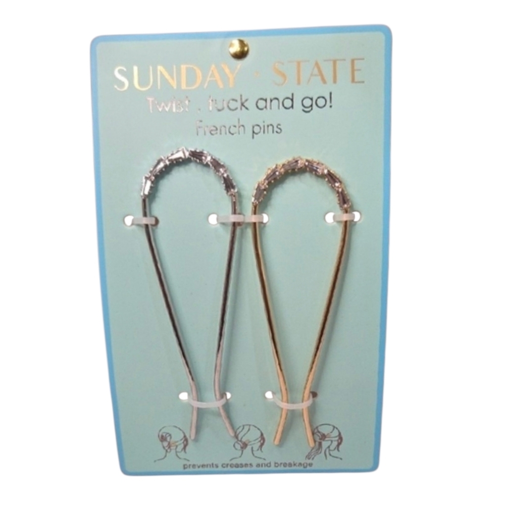 💛▪️SUNDAY STATE▪️ Twist Tuck Go, French Pins  Set Of 2 - Gold & Silver
